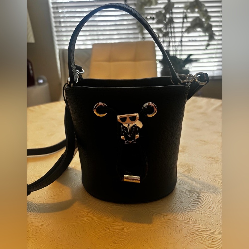Mini Karl Lagerfeld Bucket Bag Crossbody Strap W/Ajustable Karl Emblem Black
